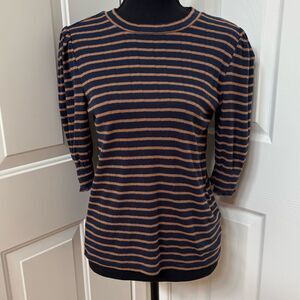 Lucky Brand Pointelle Knit Stripe Short Puff Sleeve Crew Neck Sweater Small